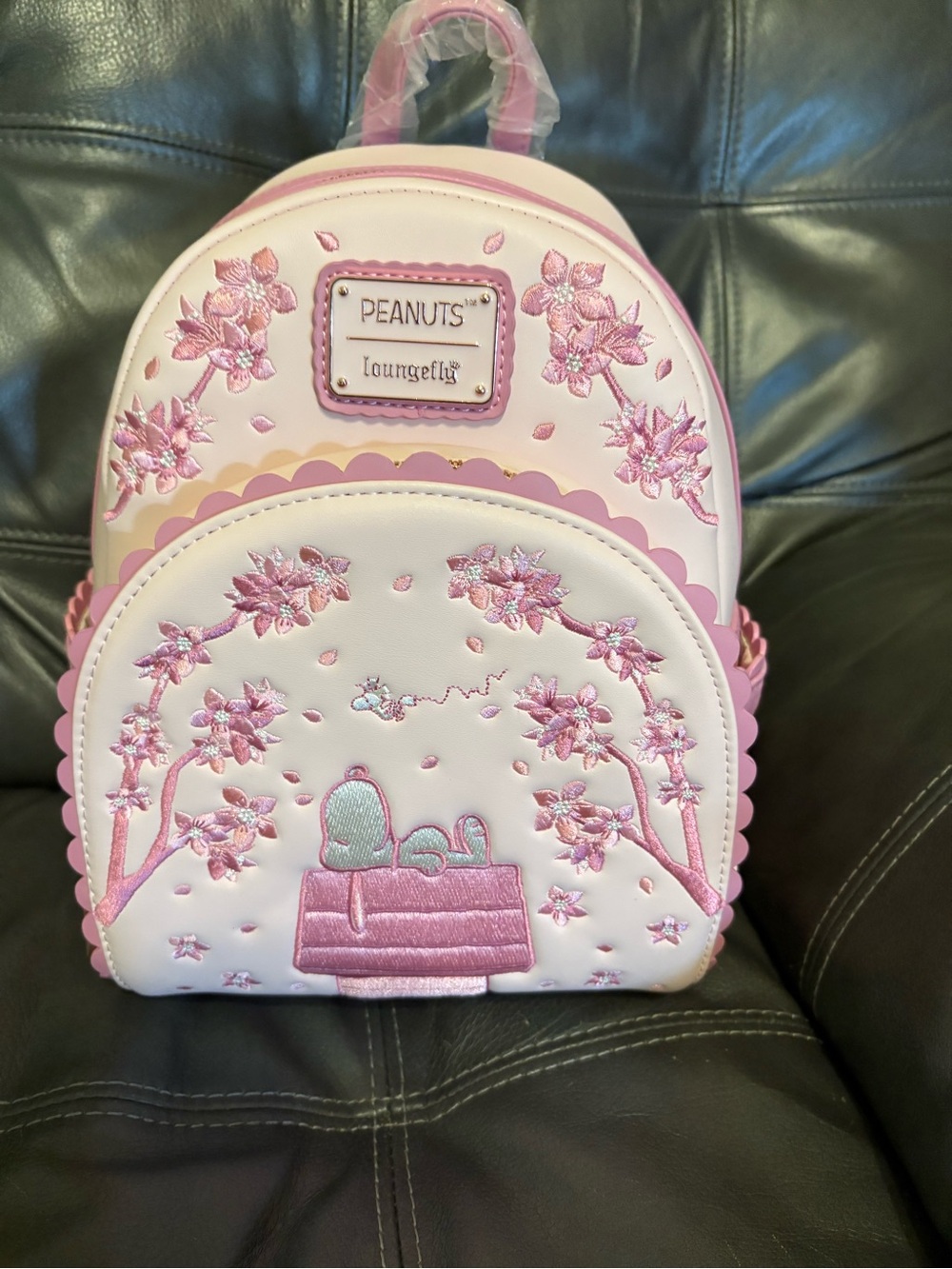Loungefly Pink Cherry BlosdomPeanuts Mini Backpack with Embroidered Snoopy Scene